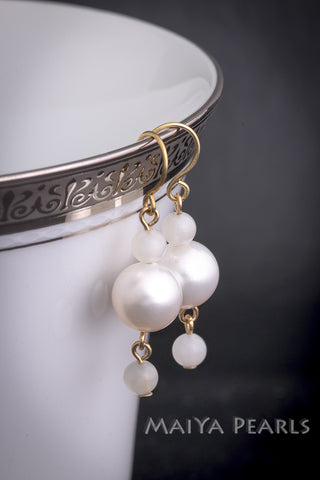 Earrings - White Round Pearls with 2 moonstones