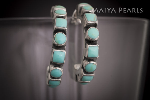 Earrings - Turquoise Inset in 925 Sterling Silver Loops