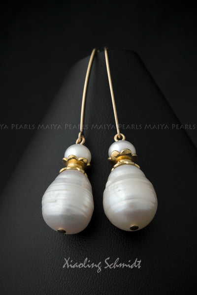 Earrings Gold with Large Circle Teardrop Pearls MaiYa Pearls