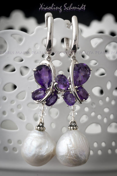 Earrings - Silver with Purple Amethyst Butterflies and Pearls