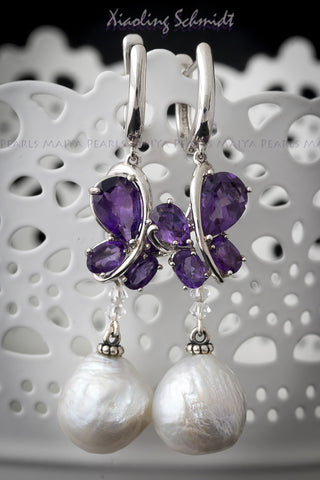 Earrings - Silver with Purple Amethyst Butterflies and Pearls