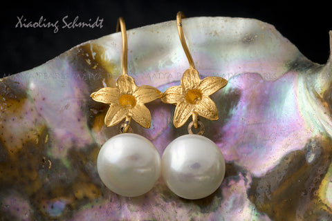 Earrings - 24K Gold Plated on Sterling Silver Flowers and Button Pearls