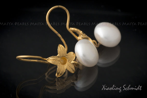 Earrings - 24K Gold Plated on Sterling Silver Flowers and Button Pearls