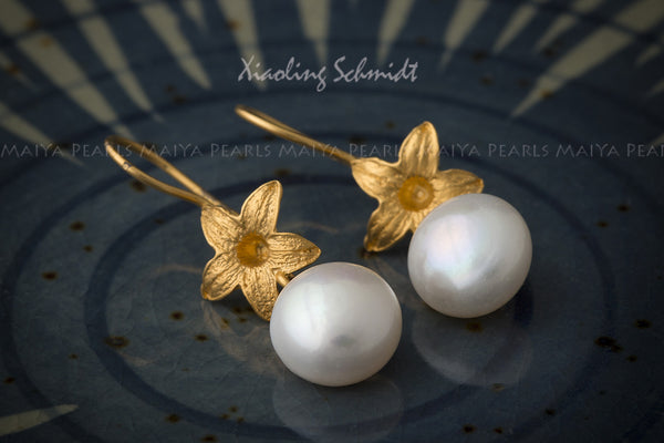 Earrings - 24K Gold Plated on Sterling Silver Flowers and Button Pearls