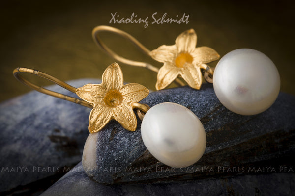 Earrings - 24K Gold Plated on Sterling Silver Flowers and Button Pearls