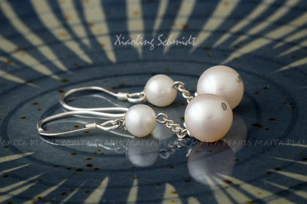 Earrings - Double round Pearls with 925 Sterling Silver Findings