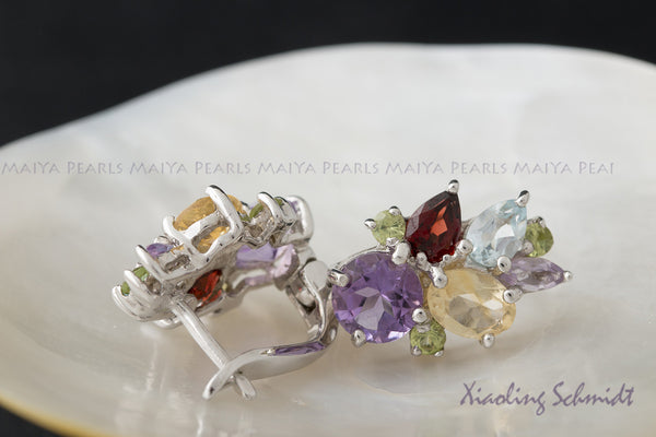 Stud Earrings - Multi-Coloured Gemstones with 925 Sterling Silver