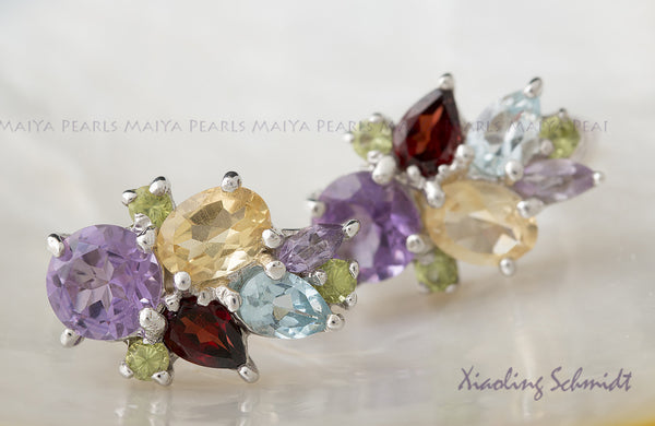 Stud Earrings - Multi-Coloured Gemstones with 925 Sterling Silver