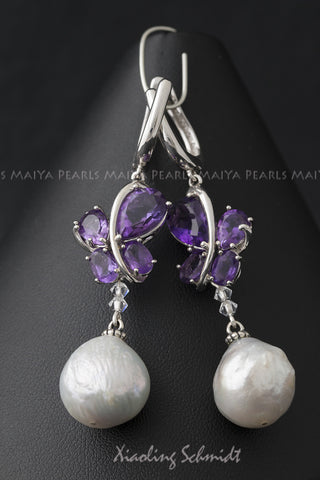 Earrings - Silver with Purple Amethyst Butterflies and Pearls