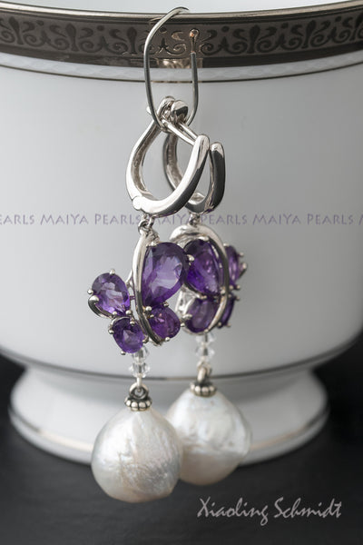 Earrings - Silver with Purple Amethyst Butterflies and Pearls