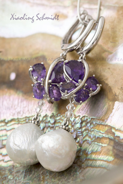 Earrings - Silver with Purple Amethyst Butterflies and Pearls