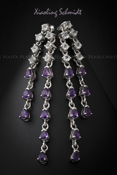 Earrings - Dangling Amethyst and White Topaz inset in 925 Sterling Silver