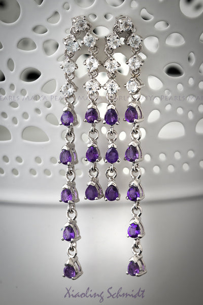 Earrings - Dangling Amethyst and White Topaz inset in 925 Sterling Silver