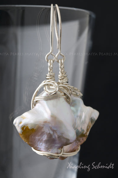 Earrings - Large Bi-colour Keshi Pearls with Argentium Silver Sculpted Wire