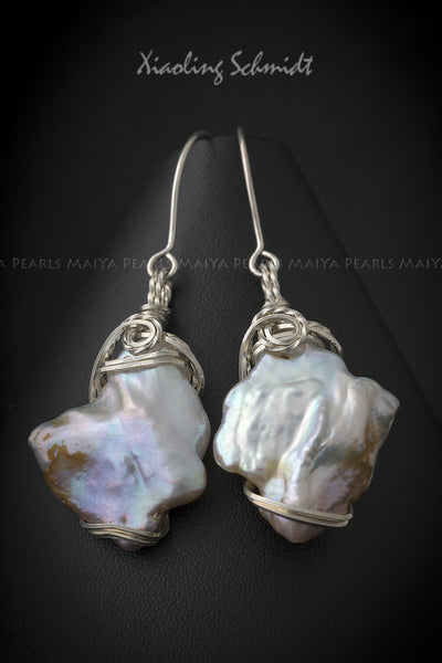 Earrings - Large Bi-colour Keshi Pearls with Argentium Silver Sculpted Wire