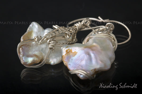 Earrings - Large Bi-colour Keshi Pearls with Argentium Silver Sculpted Wire
