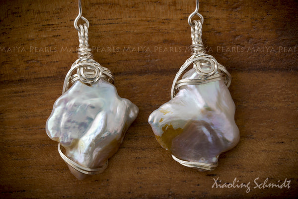 Earrings - Large Bi-colour Keshi Pearls with Argentium Silver Sculpted Wire