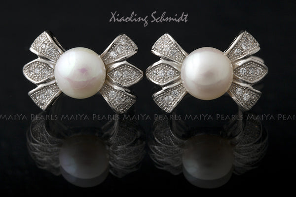 Stud Earrings - AA+ Round Pearls with Cubic Zirconium Settings