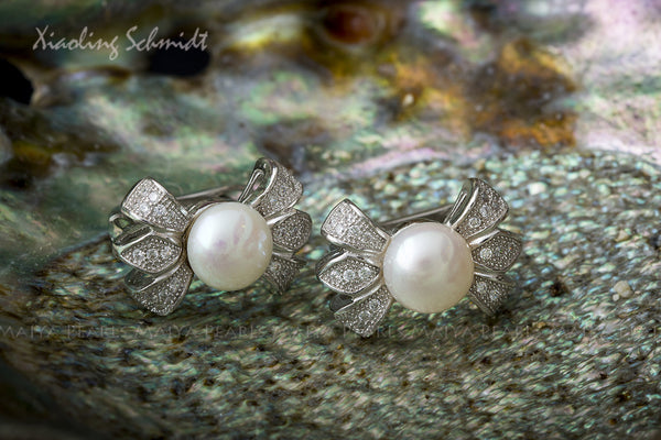 Stud Earrings - AA+ Round Pearls with Cubic Zirconium Settings