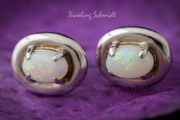 Stud Earrings - Australian Fire Opal inset 925 Sterling Silver