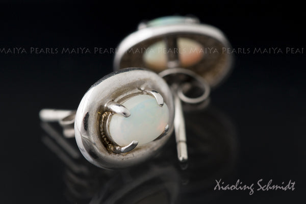 Stud Earrings - Australian Fire Opal inset 925 Sterling Silver