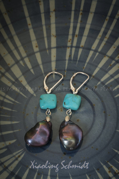 Earrings - Large Freshwater Keshi dyed black Pearl with Turquoise Squares