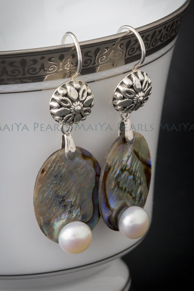 Earrings - Paua Shell and Button Pearls with 925 Sterling Silver