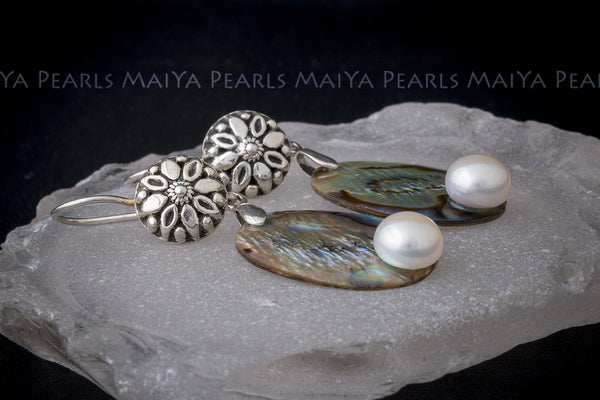 Earrings - Paua Shell and Button Pearls with 925 Sterling Silver