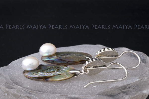 Earrings - Paua Shell and Button Pearls with 925 Sterling Silver
