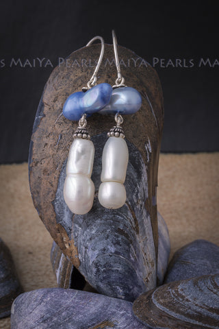 Earrings - Baroque Dyed Blue and White Pearls with 925 Sterling Silver Settings