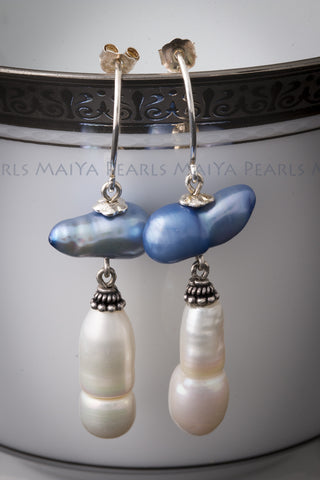 Earrings - Baroque Dyed Blue and White Pearls with 925 Sterling Silver Settings