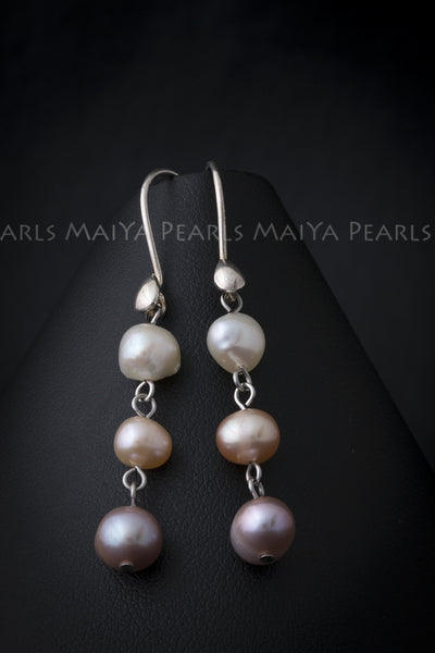 Earrings - Tri-Pearl with 925 Sterling Silver Settings and Clasps