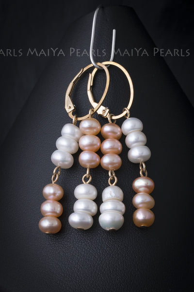 Earrings - String of white and peach pearls with 14K Gold Clasps