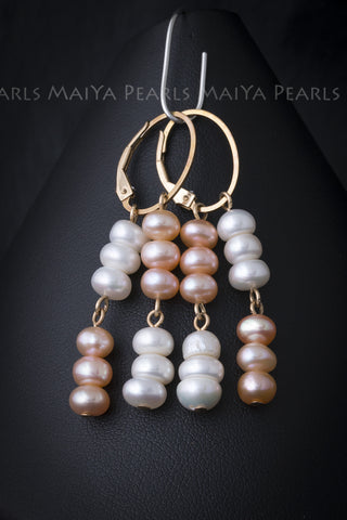 Earrings - String of white and peach pearls with 14K Gold Clasps