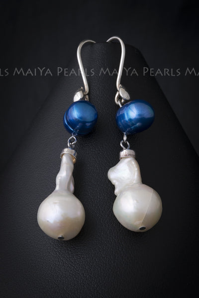 Earrings - Unique White Baroque Fishtail and Blue Circlé Pearls & 925 Sterling Silver Fishhook Clasps