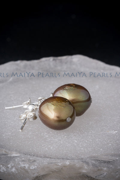 Earrings - Large Golden Coloured Pearl Studs (925 Sterling Silver Settings)