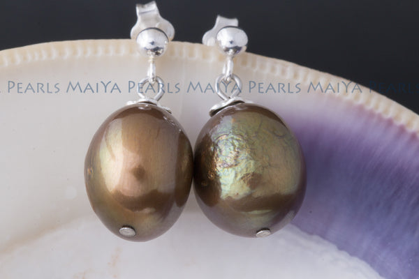 Earrings - Large Golden Coloured Pearl Studs (925 Sterling Silver Settings)