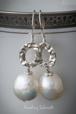 Earrings - Large White Baroque Pearl & 925 Sterling Silver Oval Ring Link