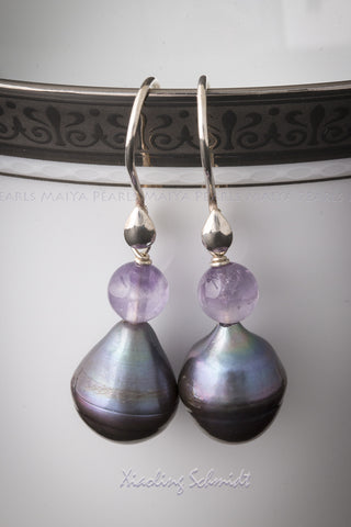 Earrings - Large Teardrop Baroque Pearl (Black & Purple) with Amethyst