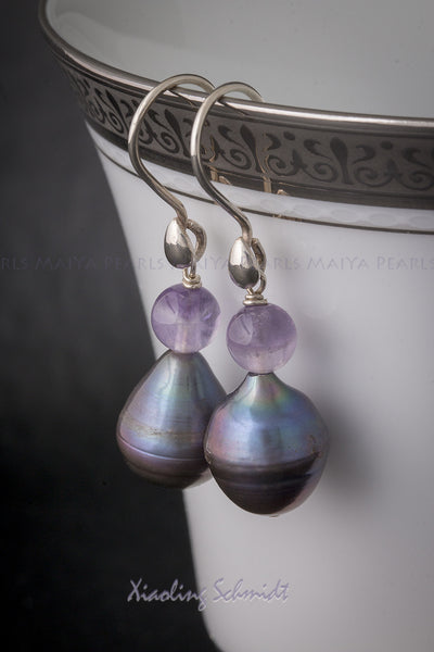 Earrings - Large Teardrop Baroque Pearl (Black & Purple) with Amethyst