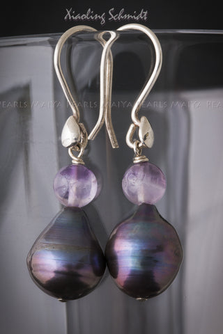 Earrings - Large Teardrop Baroque Pearl (Black & Purple) with Amethyst