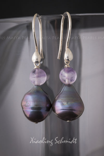 Earrings - Large Teardrop Baroque Pearl (Black & Purple) with Amethyst