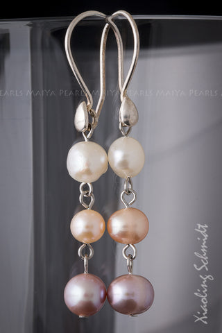 Earrings - Tri-Pearl with 925 Sterling Silver Settings and Clasps
