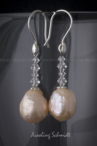 Earrings - Large Freshwater Peach Pearls & Swarovski Crystals