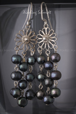 Earrings - Strings of Black Pearls & Sterling Silver Flower Settings