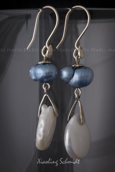 Earrings - Large White Coin Shaped Pearls and Baroque Blue Pearls with Sterling Silver Fishhook Clasps