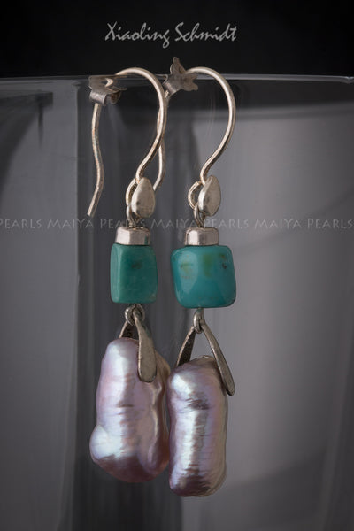 Earrings - Large Rectangular Pink Freshwater Pearls with Turquoise Stone Squares