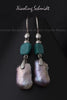 Earrings - Large Rectangular Pink Freshwater Pearls with Turquoise Stone Squares