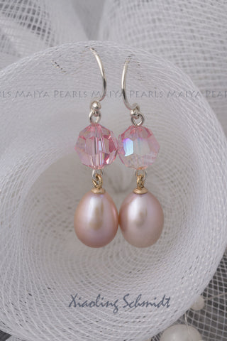 Earrings -  Pink Freshwater Pearl & Swarovski Crystal (Sterling Silver Fishhook Clasp)