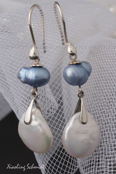 Earrings - Large White Coin Shaped Pearls and Baroque Blue Pearls with Sterling Silver Fishhook Clasps